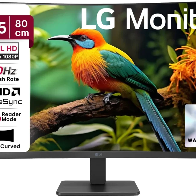 LG 32 inch Curved Full HD LED Backlit VA Panel with HDMI X 2, VGA, Headphone Out, Reader Mode, Flicker Safe, Tilt Adjustable, 3-Side Virtually Borderless Monitor